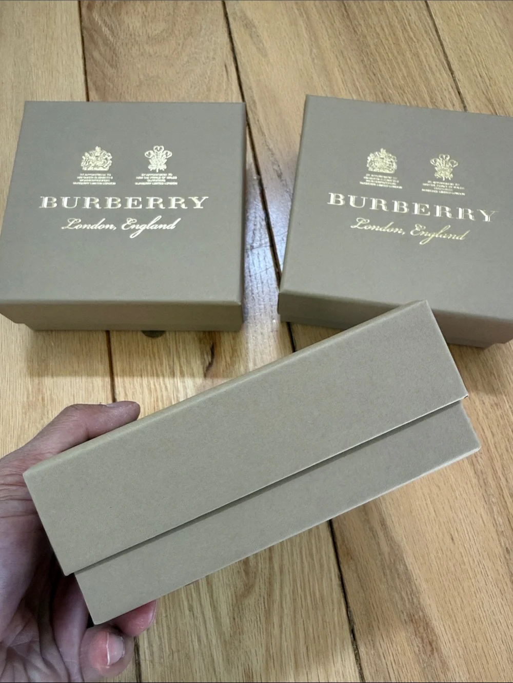 3 Burberry Boxes in Taupe with Gold Logo 6”x6”x2.25”